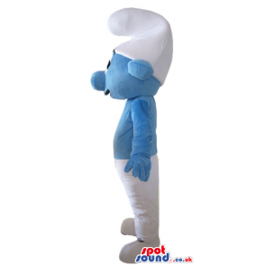 Smiling smurf wearing white trousers and a white hat seen from