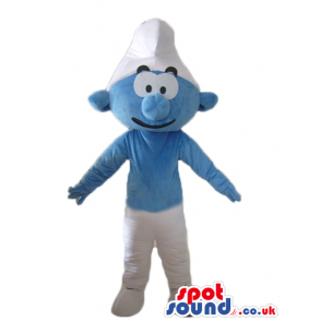 Smiling smurf wearing white trousers and a white hat seen from