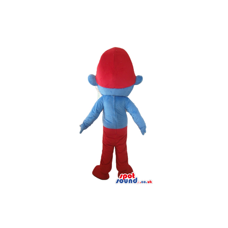 Papa smurf with a white beard, red trousers and a red hat -