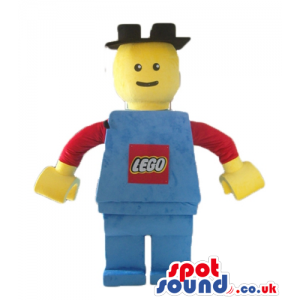 Lego character wearing a blue suit with red sleeves and a black