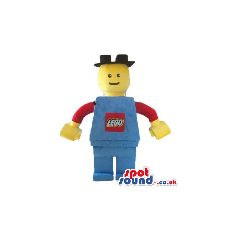 Lego character wearing a blue suit with red sleeves and a black