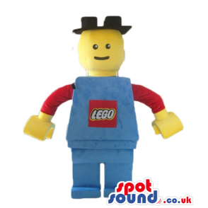 Lego character wearing a blue suit with red sleeves and a black