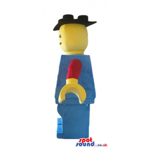 Lego character wearing a blue suit with red sleeves and a black