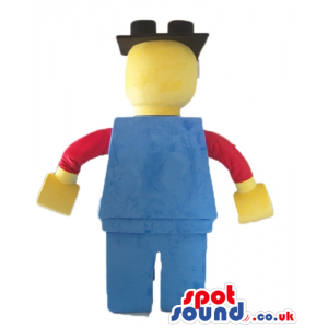 Lego character wearing a blue suit with red sleeves and a black