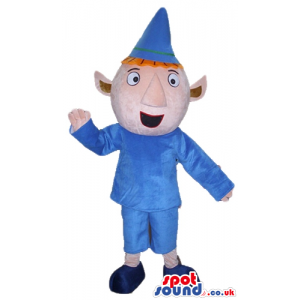 Elf with triangular ears wearing a blue shirt, blue trousers