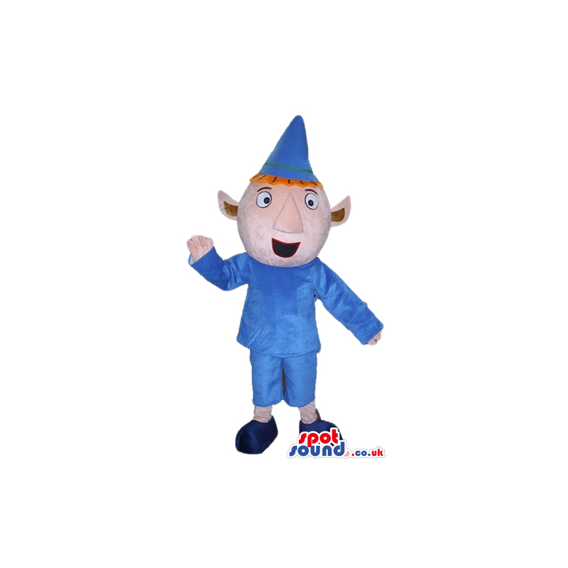 Elf with triangular ears wearing a blue shirt, blue trousers