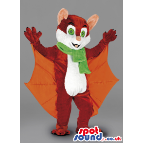 Brown Bat Mascot With Green Scarf And Orange Wings - Custom