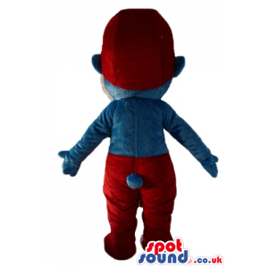 Papa smurf with a white beard, red trousers and a red hat -