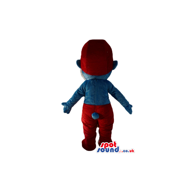 Papa smurf with a white beard, red trousers and a red hat -