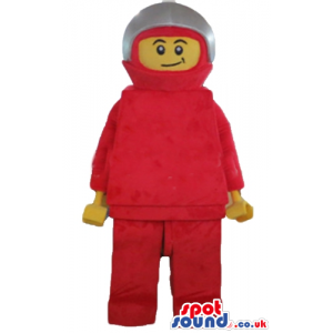 Lego character wearing a red suit and a red and grey helmet -
