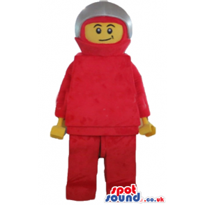 Lego character wearing a red suit and a red and grey helmet -