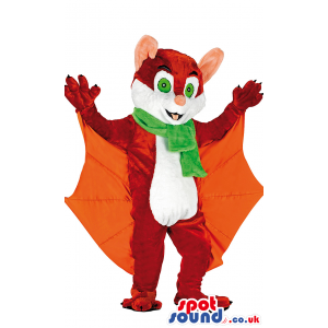 Brown Bat Mascot With Green Scarf And Orange Wings - Custom