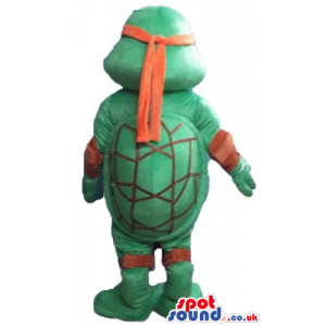 Ninja turtle wearing a red mask around the eyes and a red belt