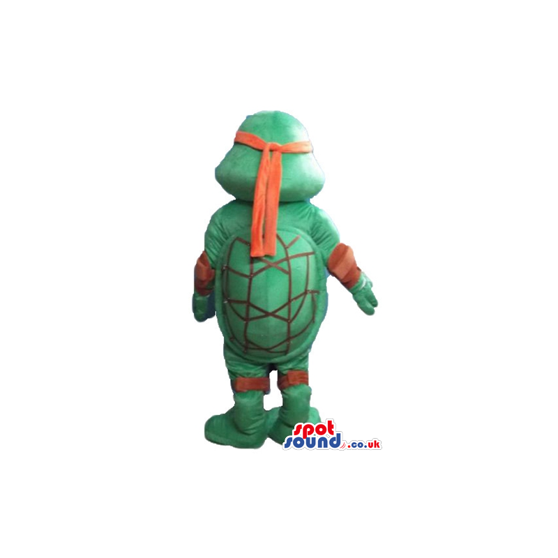 Ninja turtle wearing a red mask around the eyes and a red belt