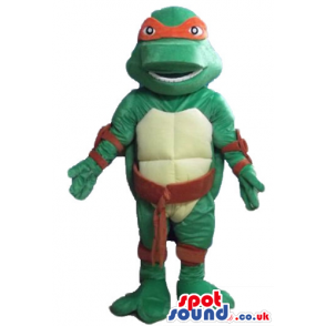 Ninja turtle wearing a red mask around the eyes and a red belt