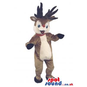 Animated Reindeer mascot in brown and with gloves and socks -