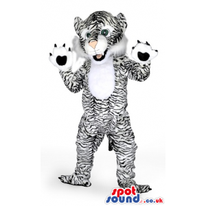 Tiger Plush Mascot With Black Stripes On White And Big Paws -
