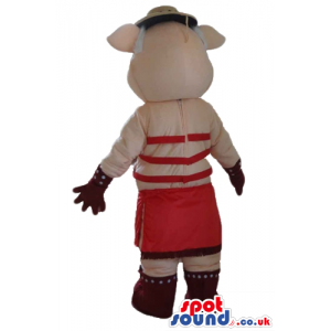 female pig wearing red bras, a red skirt, brown boots and a