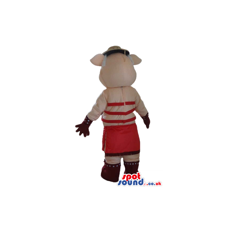 female pig wearing red bras, a red skirt, brown boots and a