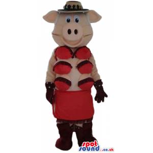 female pig wearing red bras, a red skirt, brown boots and a