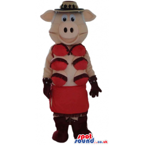 female pig wearing red bras, a red skirt, brown boots and a