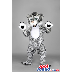 Tiger Plush Mascot With Black Stripes On White And Big Paws -