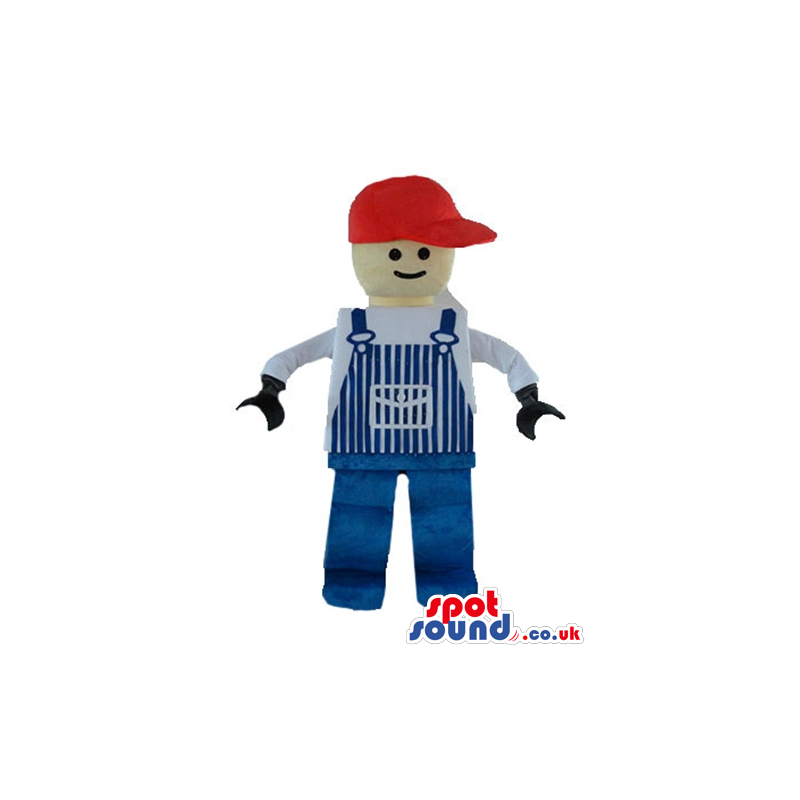 Lego character wearing a white shirt, blue gardener trousers