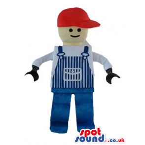 Lego character wearing a white shirt, blue gardener trousers