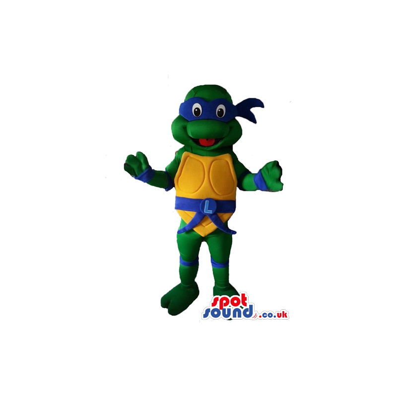 Ninja turtle with a yellow belly wearing a blue mask round the