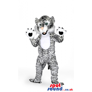 Tiger Plush Mascot With Black Stripes On White And Big Paws -