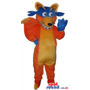 Orange fox with a yellow belly and ears wearing a blue mask