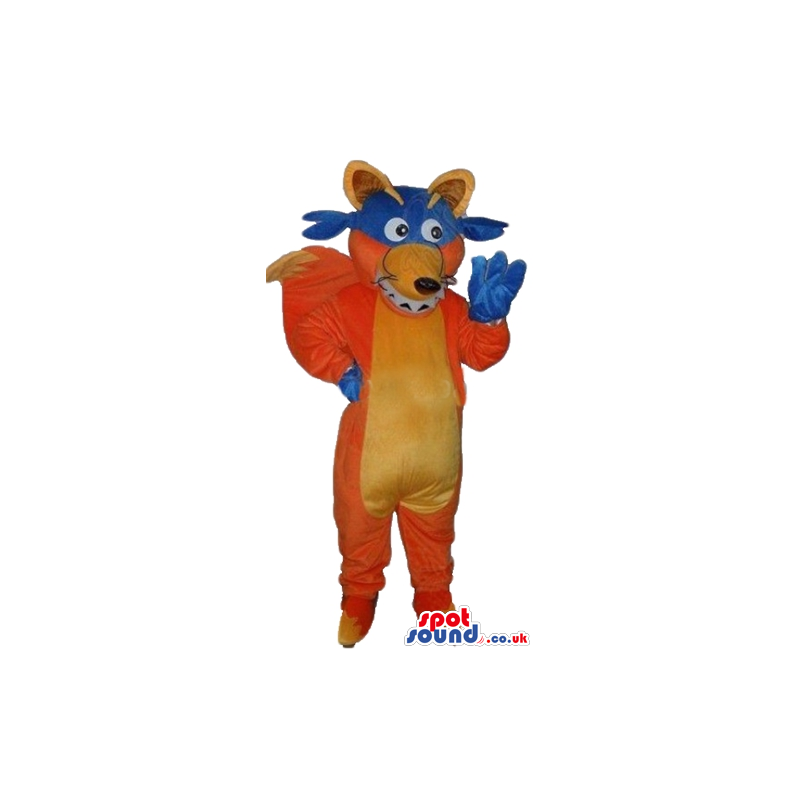 Orange fox with a yellow belly and ears wearing a blue mask