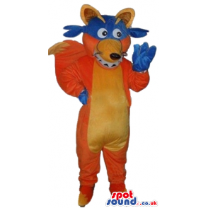 Orange fox with a yellow belly and ears wearing a blue mask