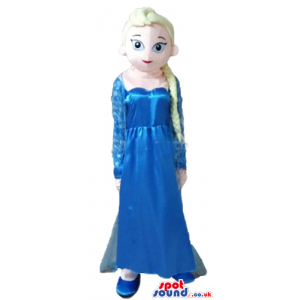 Princess with long blonde hair wearing a a long blue dress and