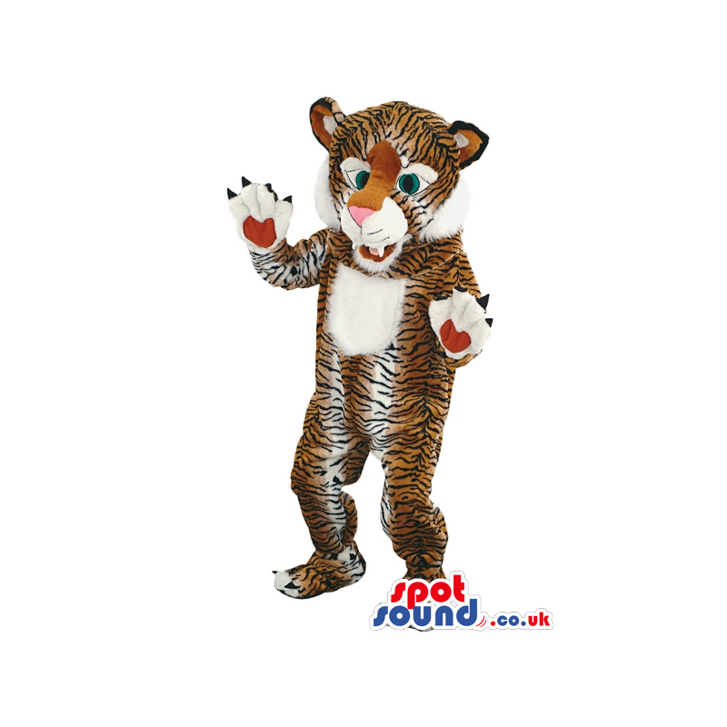 Brown Tiger Mascot With Black Stripes, Big Paws And White Belly