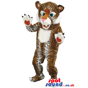 Brown Tiger Mascot With Black Stripes, Big Paws And White Belly