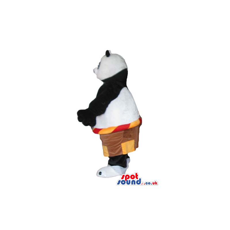 Panda bear wearing brown and orange shorts - Custom Mascots