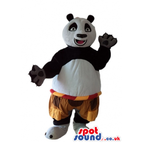 Panda bear wearing brown and orange shorts - Custom Mascots