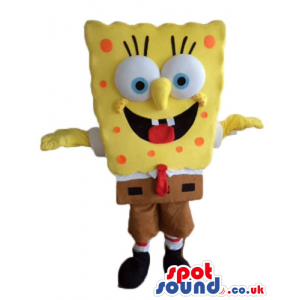 Sponge bob wearing brown trousers, a black belt and shoes