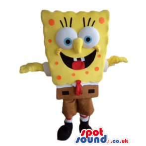 Sponge bob wearing brown trousers, a black belt and shoes