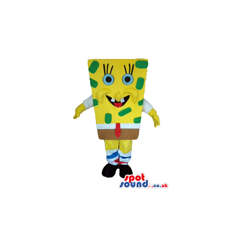 Sponge bob with green dots wearing brown shorts, and a red tie