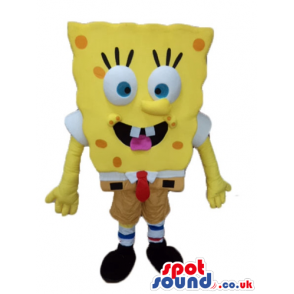 Sponge bob with orange dots wearing brown shorts, and a red tie