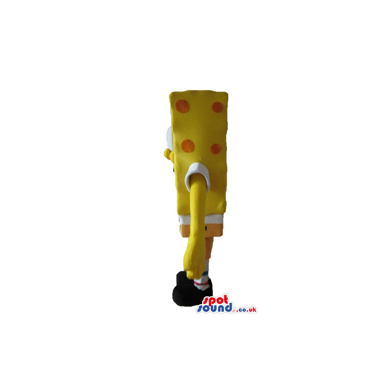 Sponge bob with orange dots wearing orange shorts, and a red