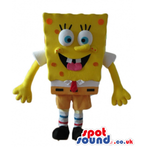 Sponge bob with orange dots wearing orange shorts, and a red