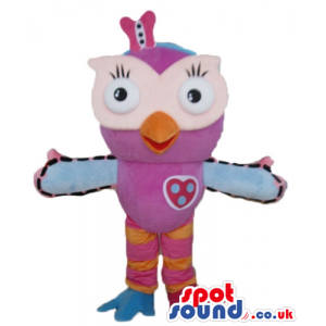 Purple owl with big pink eyes, light-blue and pink wings