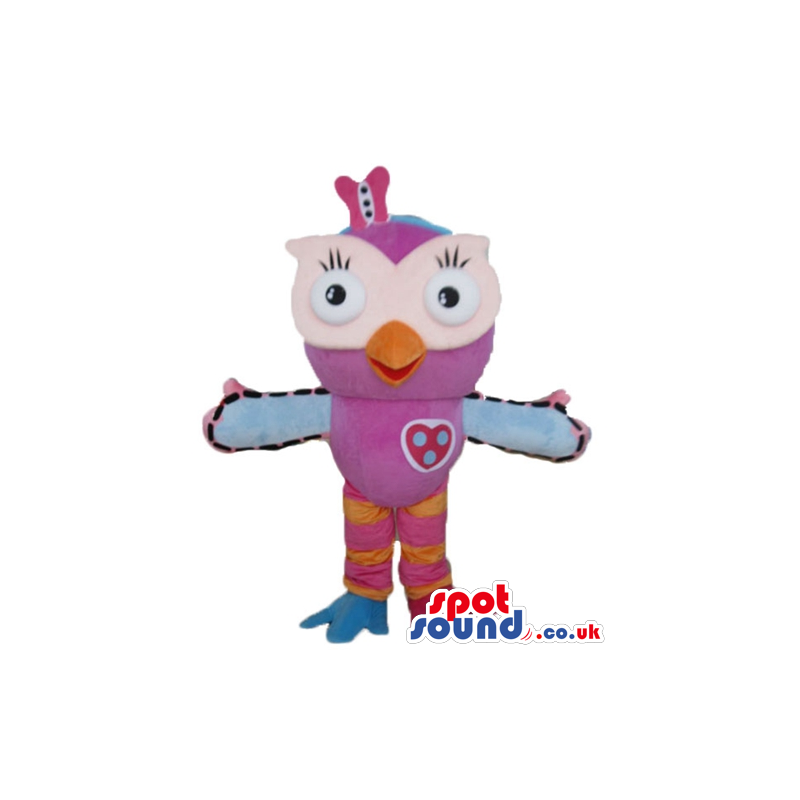 Purple owl with big pink eyes, light-blue and pink wings