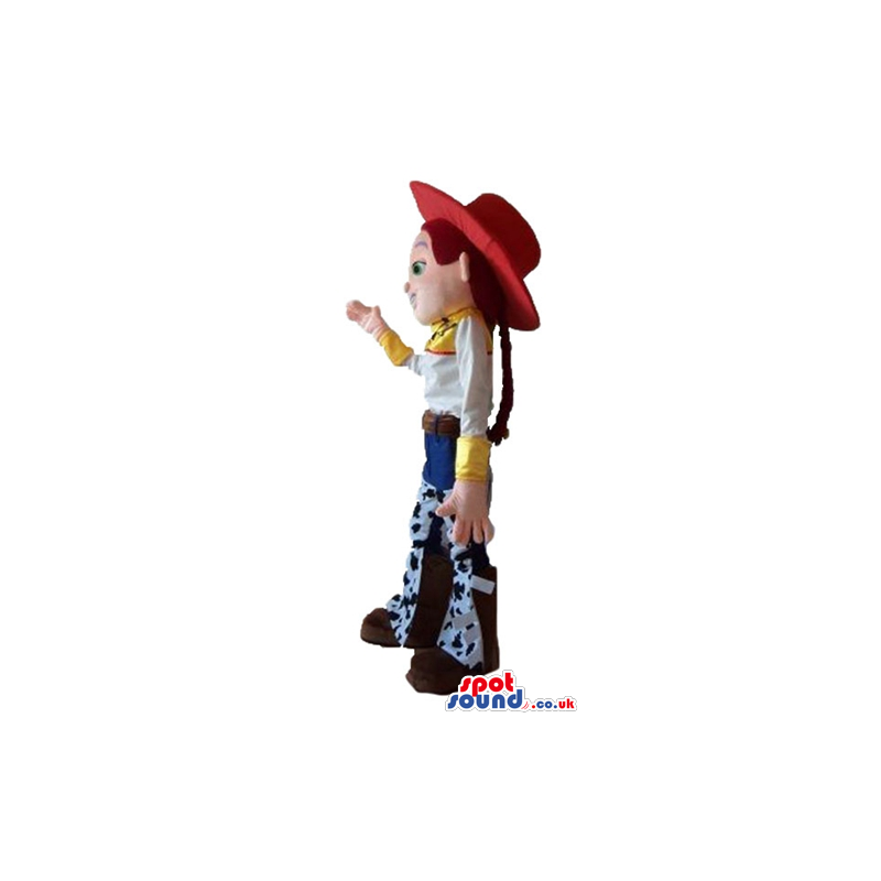 Jessie the cowgirl wearing a red hat, a white shirt, blue