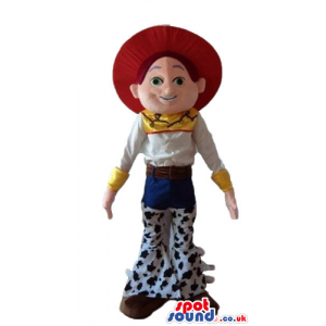 Jessie the cowgirl wearing a red hat, a white shirt, blue