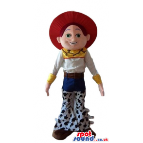 Jessie the cowgirl wearing a red hat, a white shirt, blue