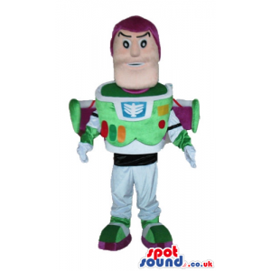 Buzz lightyear with a white suit decorated in green, and purple